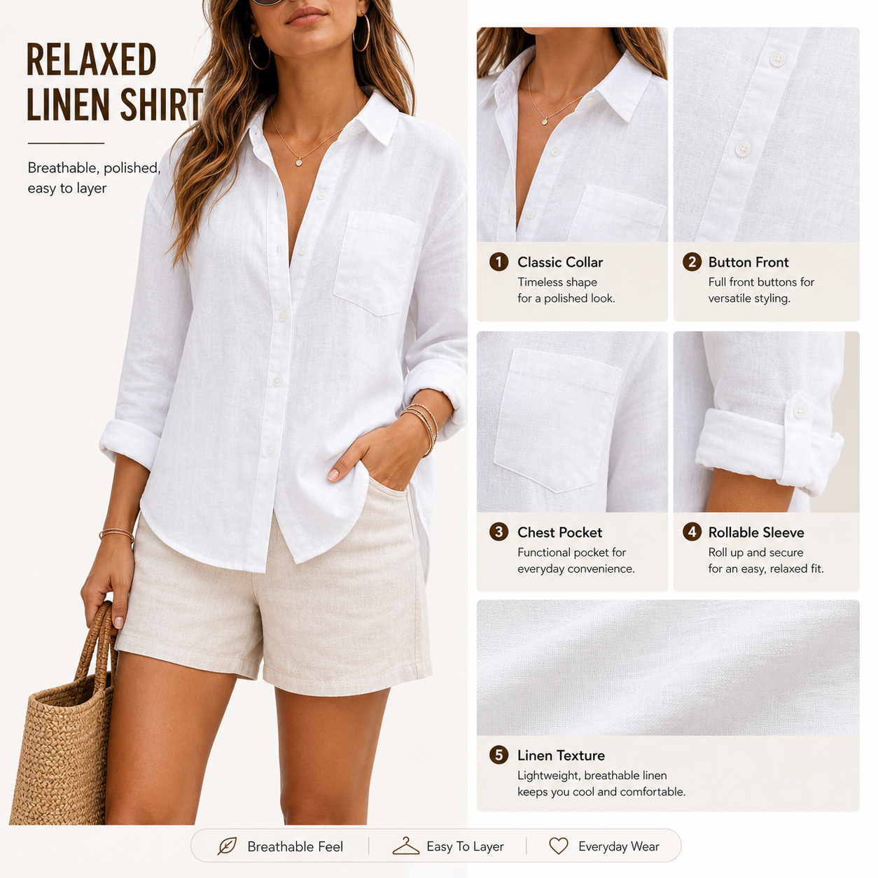Women's Summer Linen Button-Down Long Sleeve Shirts product detail breakdown