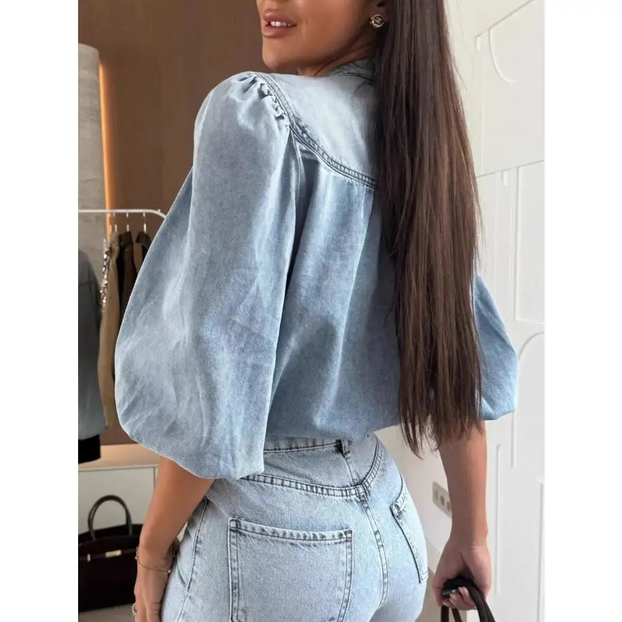 Button Down Puff Sleeve Denim Top