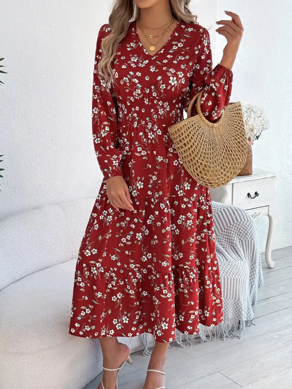 Structured Shape Floral Printed V Neck Midi Dress