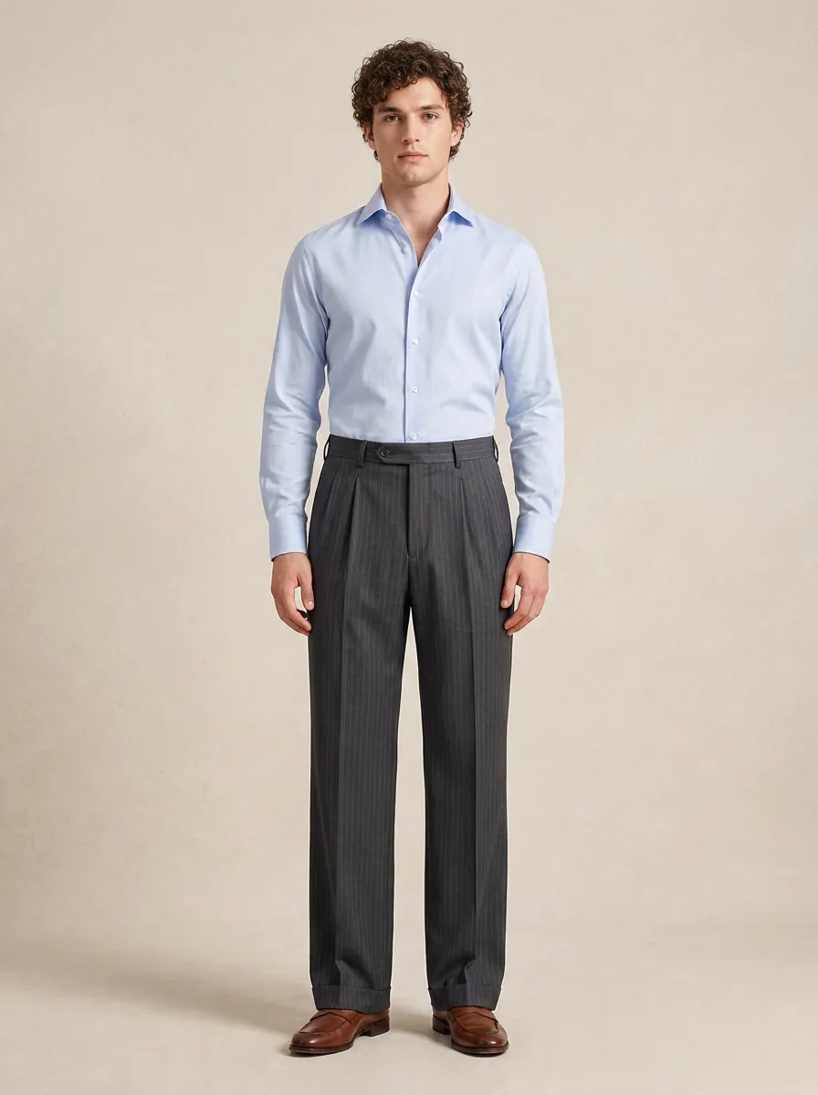Men's Formal Pleated Charcoal Grey Pinstripe Trousers