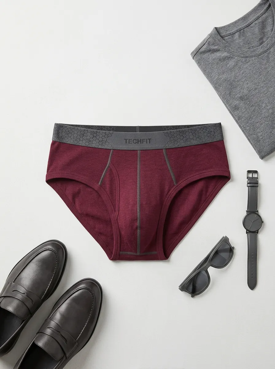 Men's Techfit Burgundy Athletic Printed Briefs