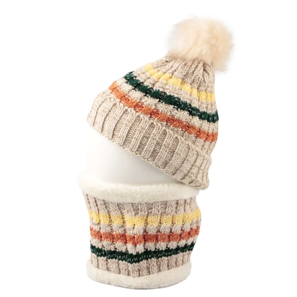 Knit Pom Pom Fleece Beanie Hat