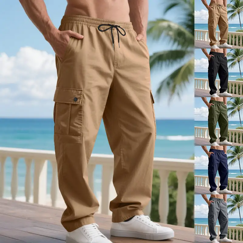 Men's Wide Cargo Pants Waistband Pockets Relaxed Fit