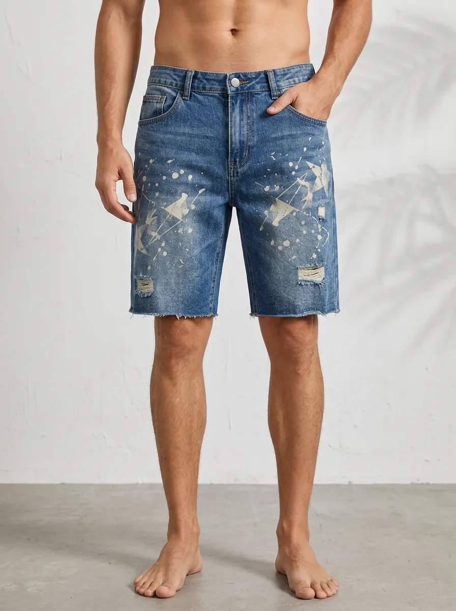 Men's Streetwear Star Paint Splatter Distressed Printed Denim Shorts