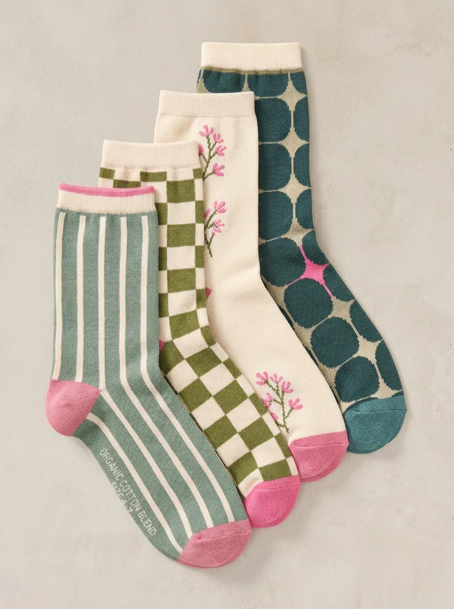 Classic Floral Striped Four-Pair Casual Socks