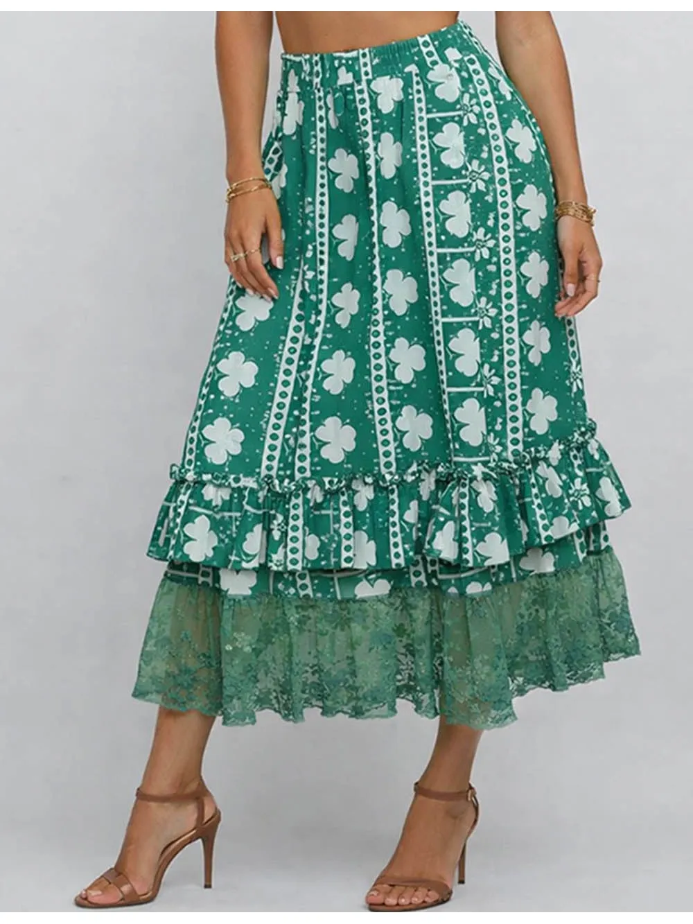 St Patrick Day Clover Ruffle Lace Hem Maxi Skirt