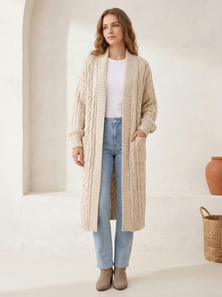 Women's Cable-Knit Open-Front Long Cardigan