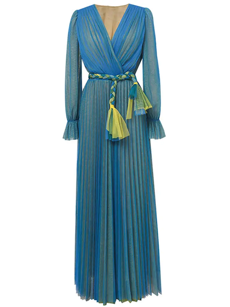 Pleated Lantern V Neck Long Dress