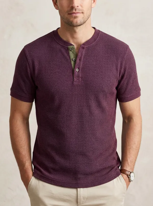 Men's Lightweight Inspired Waffle Knit Button Placket Henley Shirt