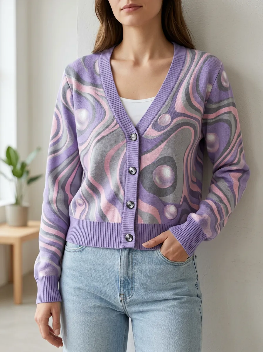 Women's Abstract Swirl Pearl Pattern Printed Cardigan