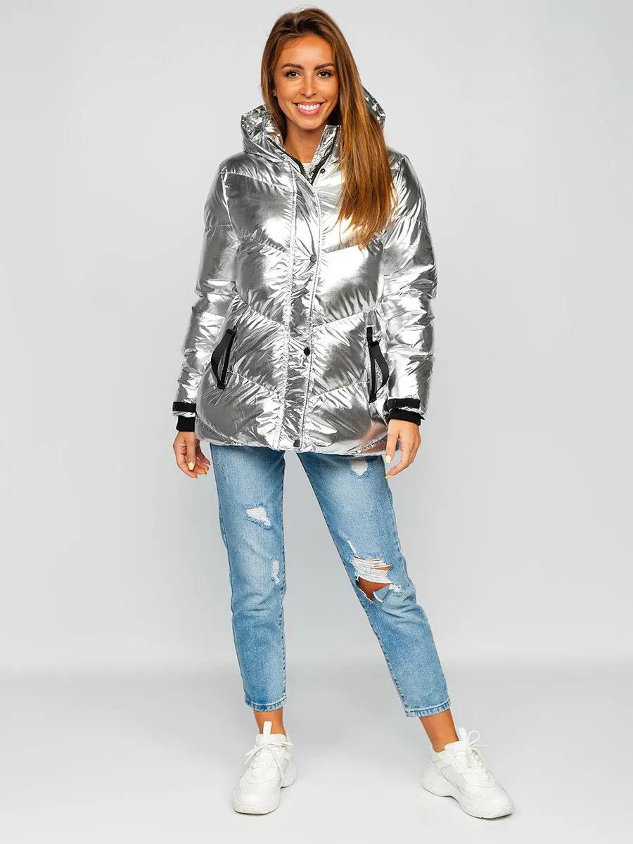 Women's Silver Quilted Winter Jacket With Hood