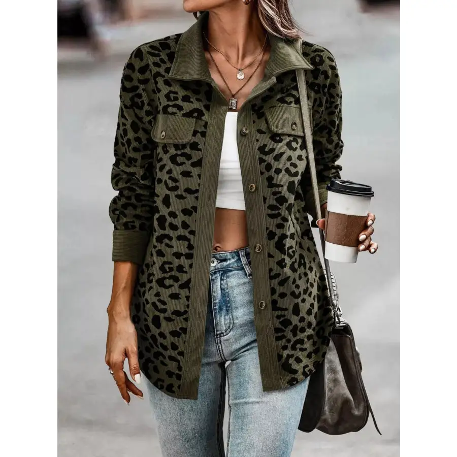 Full Size Leopard Print Button Down Jacket Plus Size