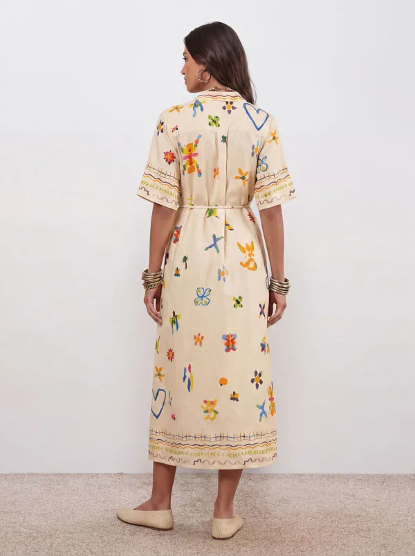 Elegant Hand Painted Watercolor Print Shirt Midi Dress
