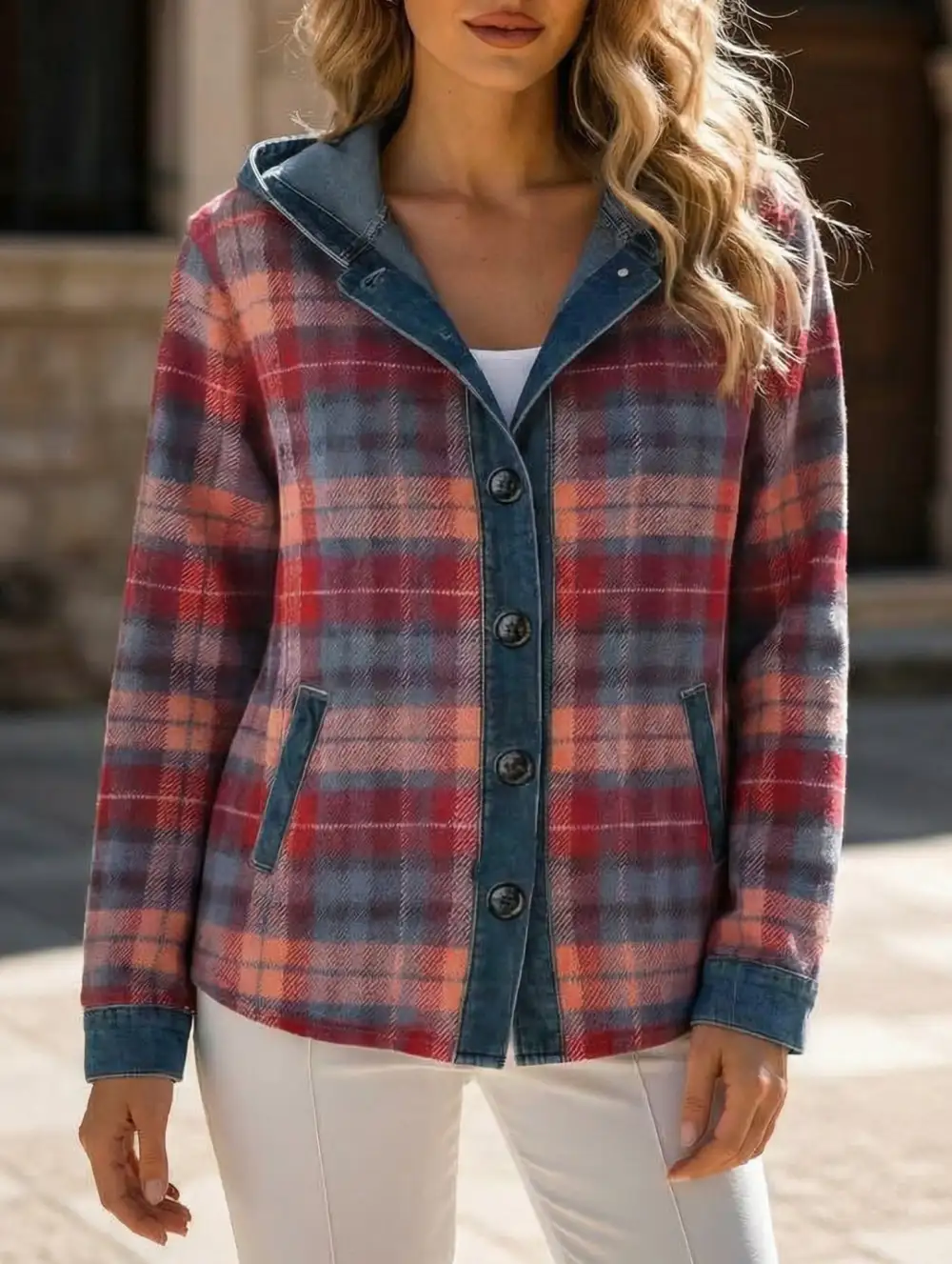 Loose Plaid Hooded Cardigan Sweatshirt