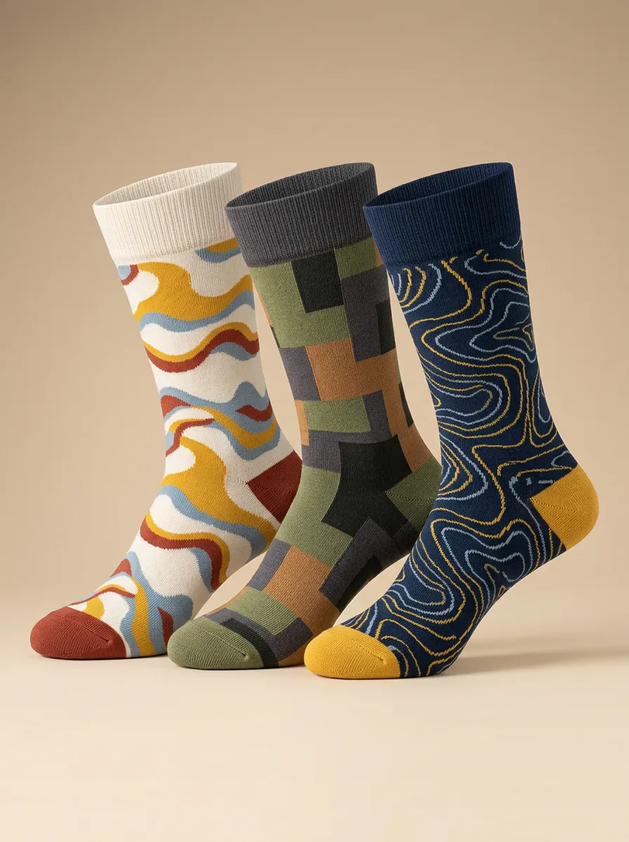 Men's Abstract Geometric Wave Print 3-Pack Crew Socks
