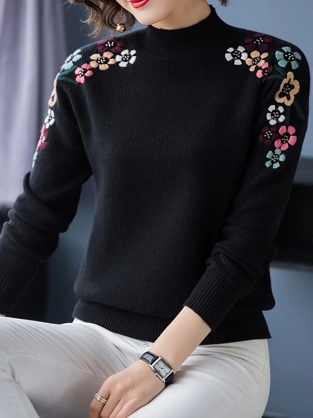 Floral Pattern Mock Neck Knit Sweater Casual