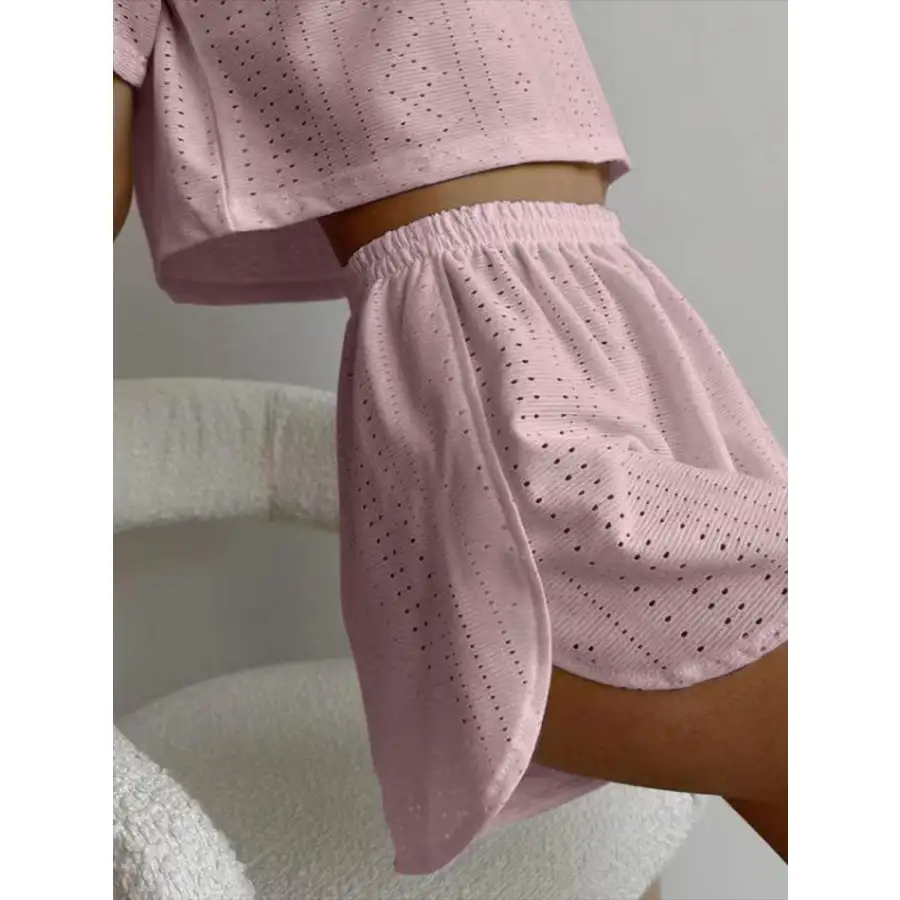 Eyelet Round Neck Top and Shorts Set