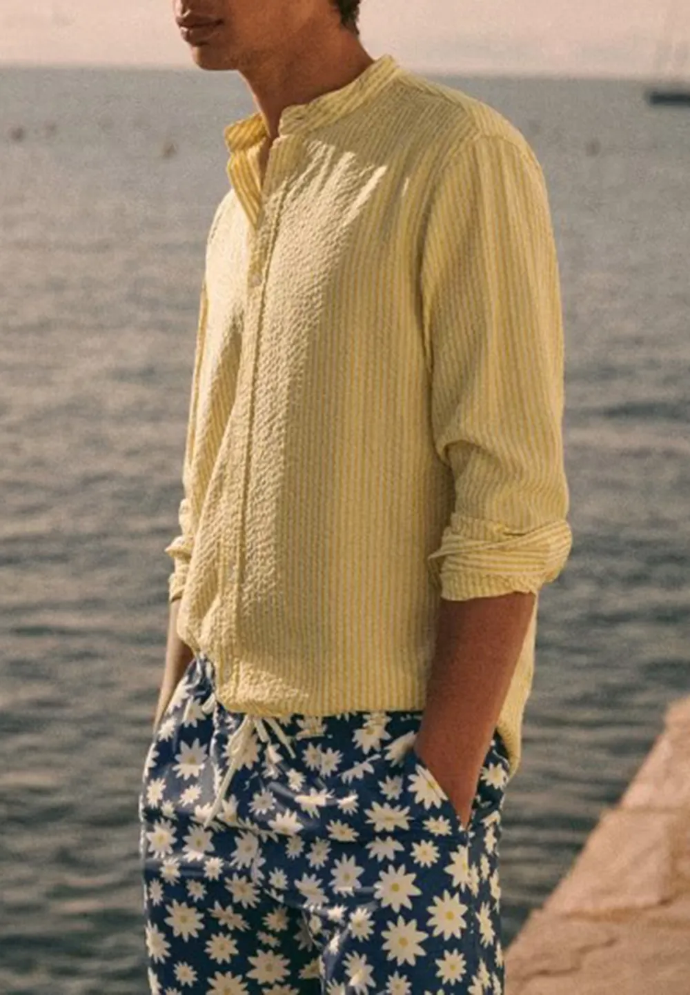 Yellow White Stripe Seersucker Button-Down Camp Shirt