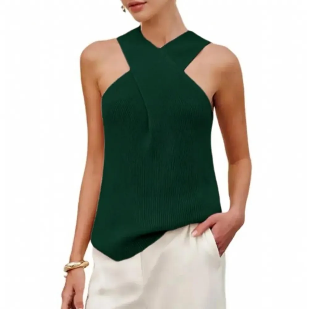 Tanming Women's Halter Cross Over Collar Tank Knit Sleeveless Camisole Top