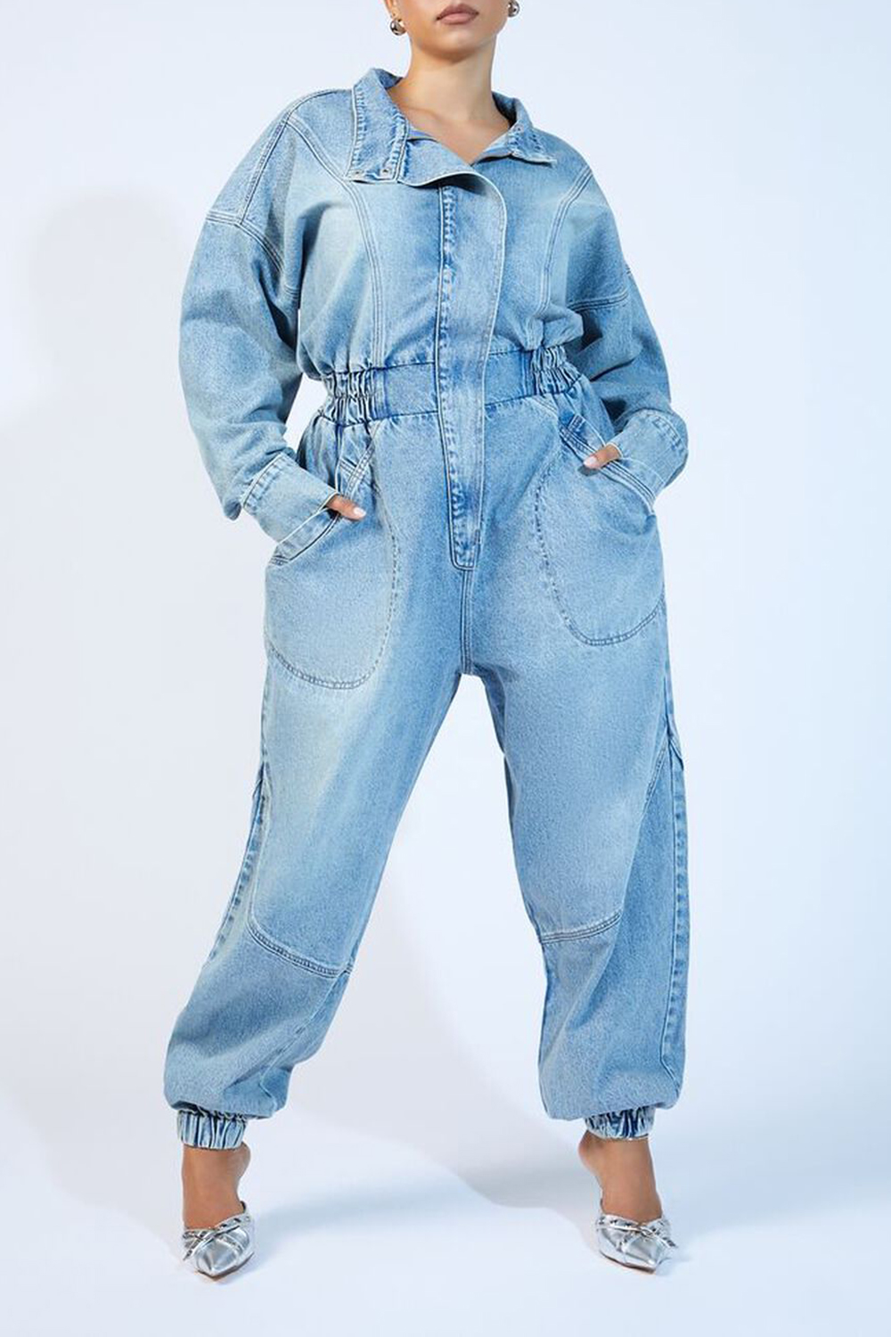 Plus Size Denim Funnel-Neck Jumpsuit