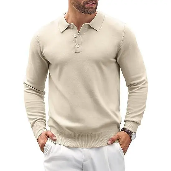 🧵 Men’s Soft Knit Long Sleeve Polo Shirt – Classic Style, Modern Comfort
