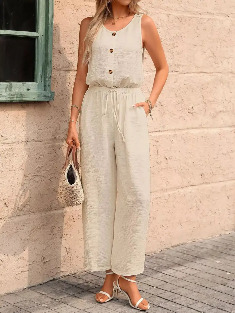 Sleeveless Button Front Wide Leg Jumpsuit