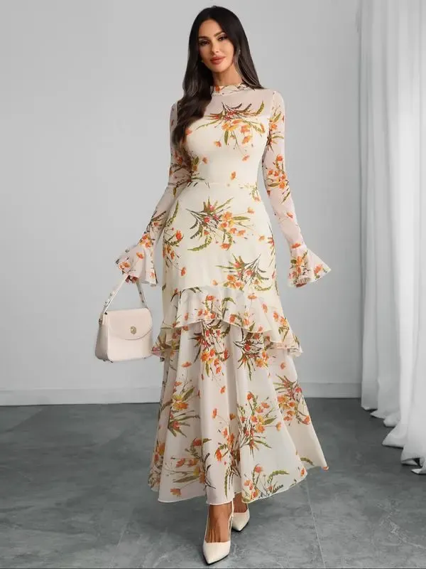 Women's Floral Print Dress, Elegant Gothic Long Sleeve Dress for Party Holiday Wedding Guest, Ladies Clothes for All Seasons