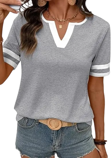 Spring/Summer Women's Casual Color Block V-Neck T-Shirt