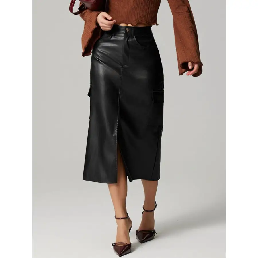 Slit Midi Skirt with Pockets