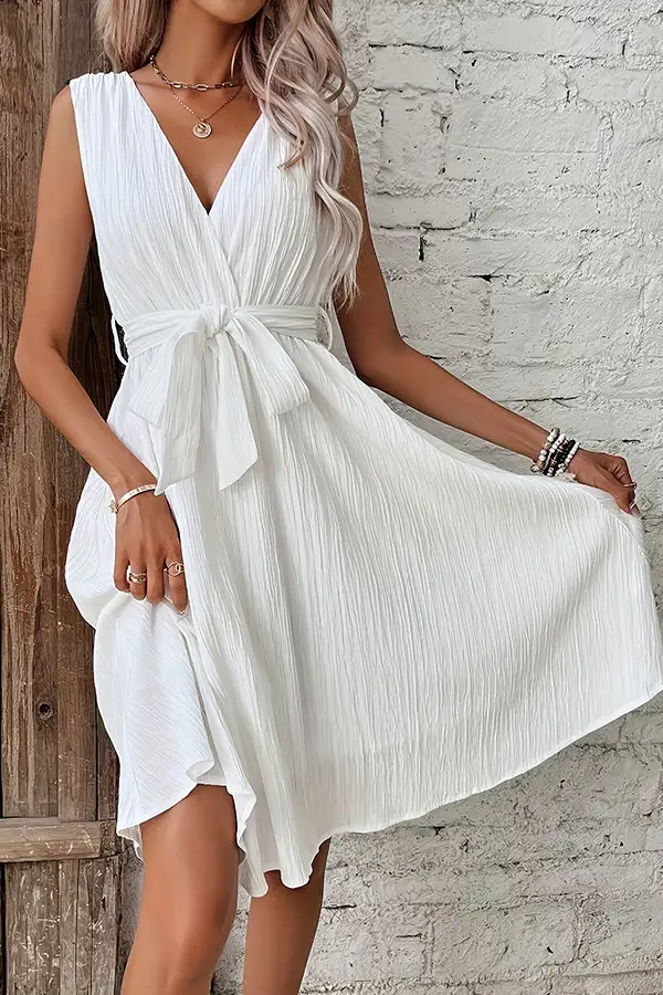 Neck Solid Color Tie Waist Casual Dress