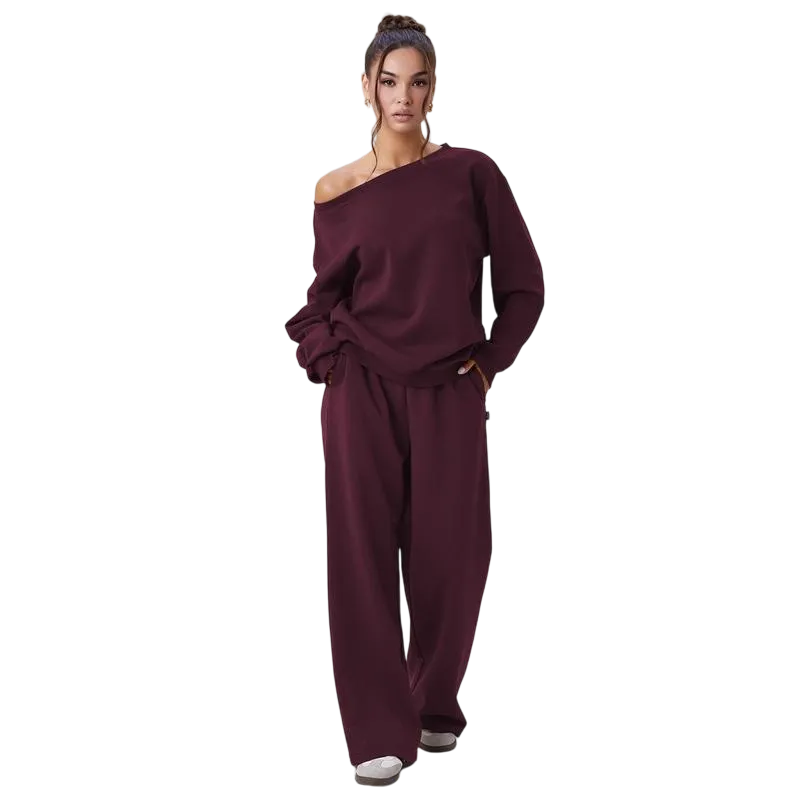 Women's Leisure Solid Color Sloping Shoulder Long Sleeve Top & Wide Leg Trousers