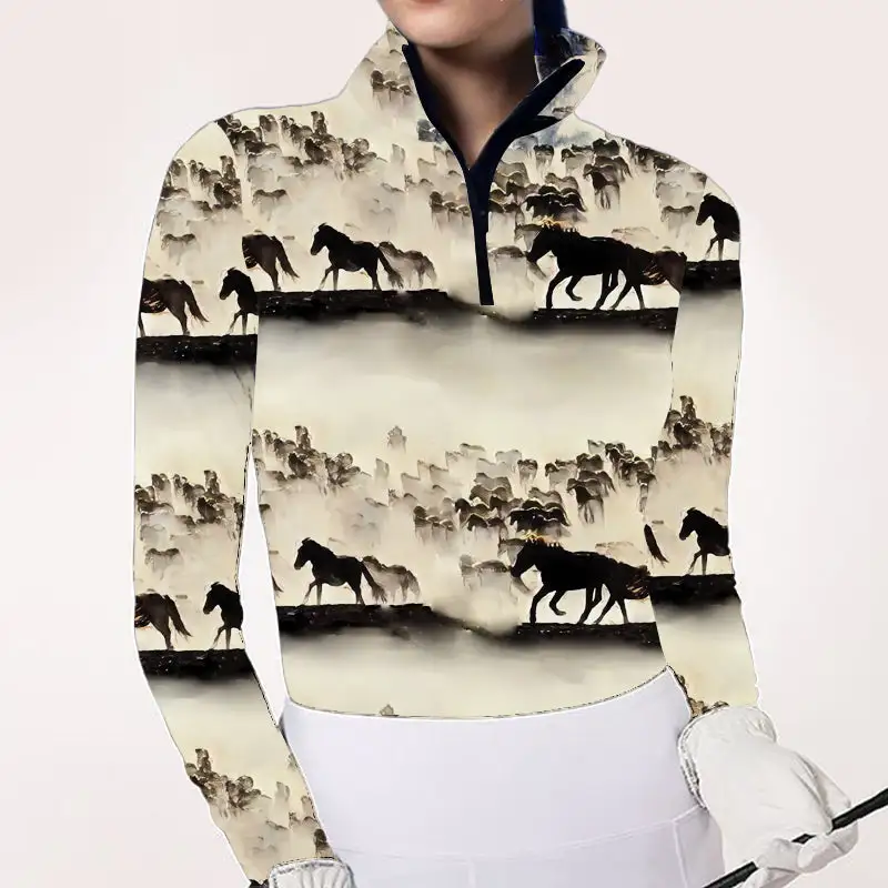 Women's Riding Style Horse Running Print Long Sleeve Casual Shirt