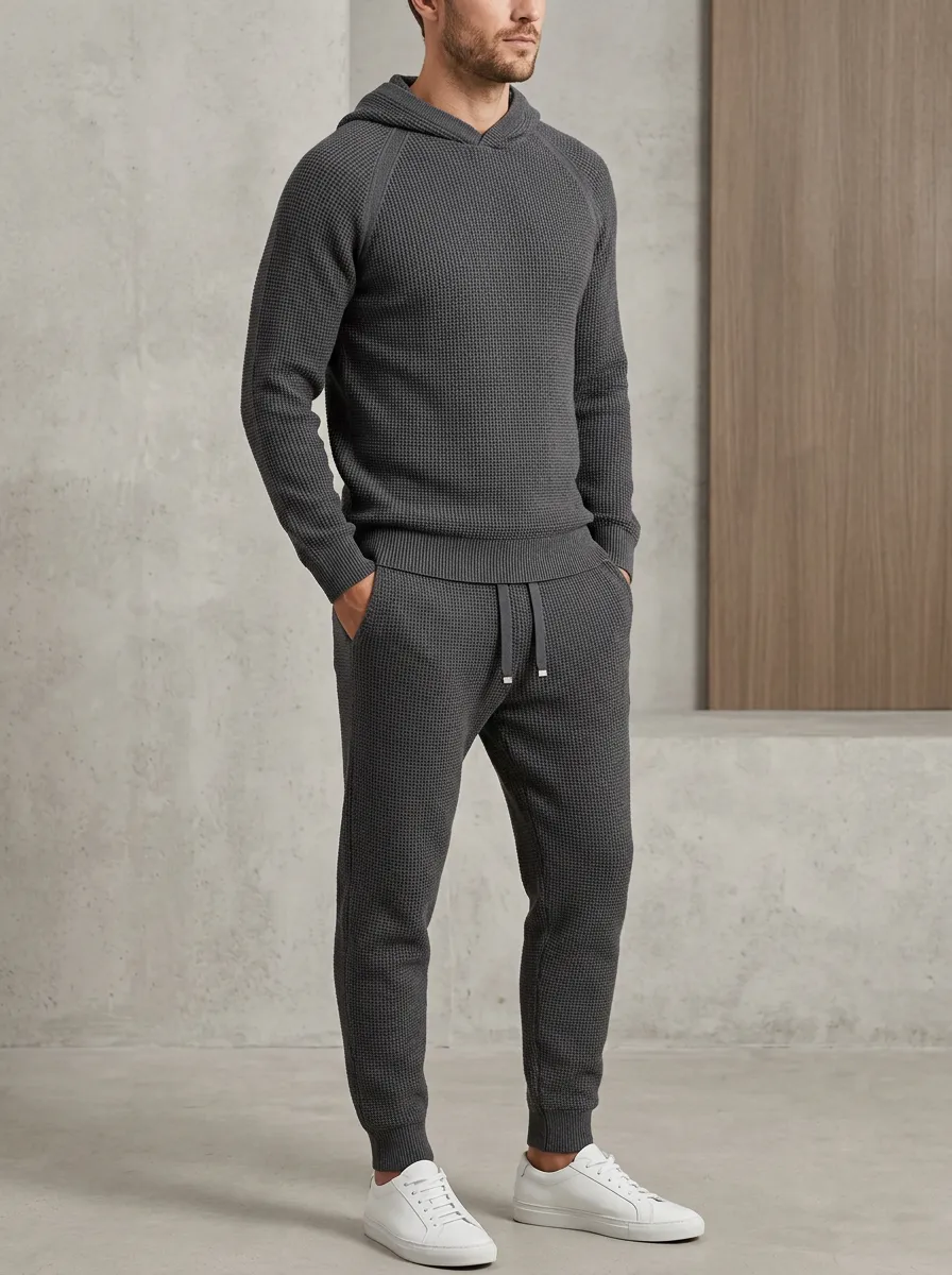 Refined Waffle-Knit Men's Knit Hoodie Jogger Set