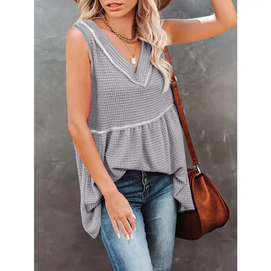 V Neck Waffle Knit Tank Top With