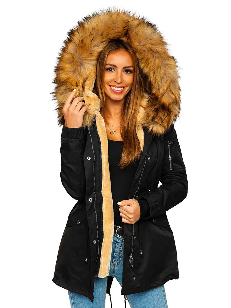 Black women's winter parka jacket with hood