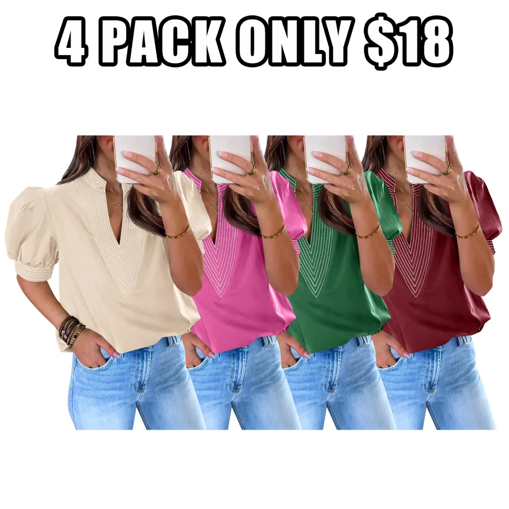 Womens Puff Short Sleeve Blouses Summer Casual Dressy Contrast Stitch