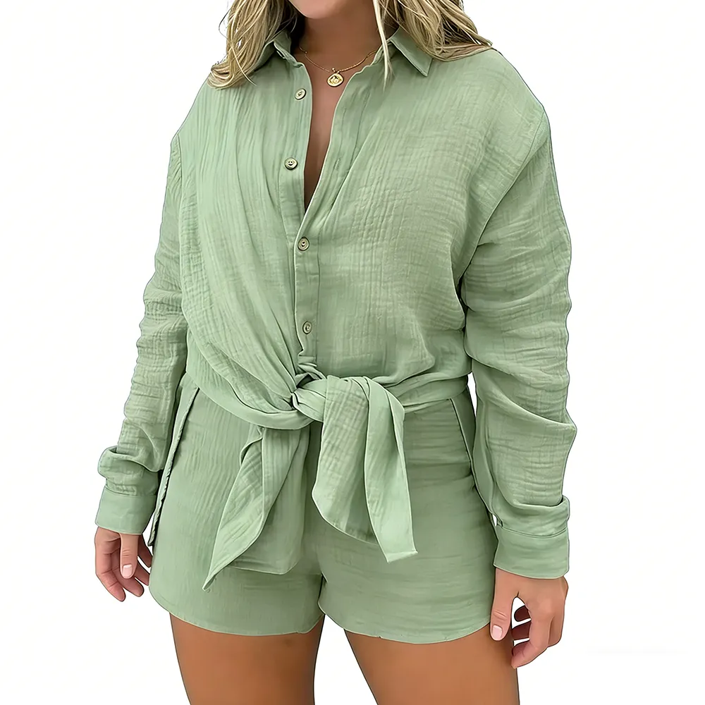 Women 2 Piece Outfits Long Sleeve Blouse and Shorts Sets
