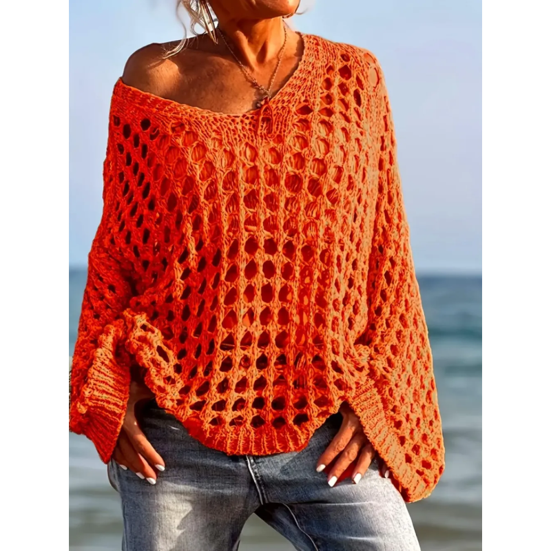 Women's Casual Loose-Fit V Neck Top - Hollow Out Design