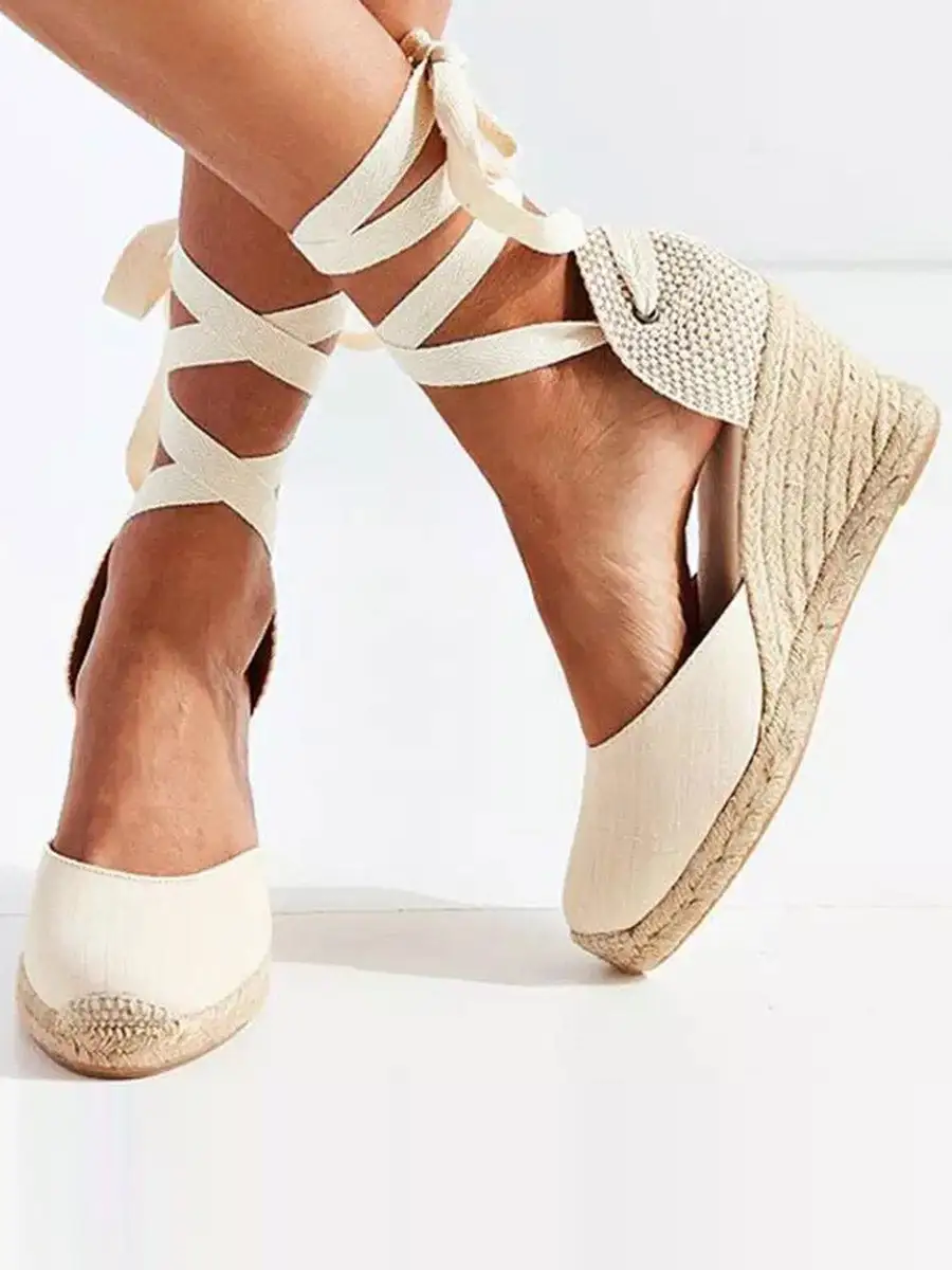 Buckle Panel Detail Square-Toe Lace-Up Ankle Wrap Espadrille Wedge Heeled Sandals