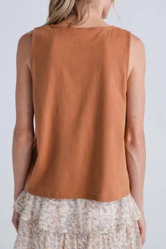 Wishlist Button Up Relaxed Crop Knit Tank Top - Camel