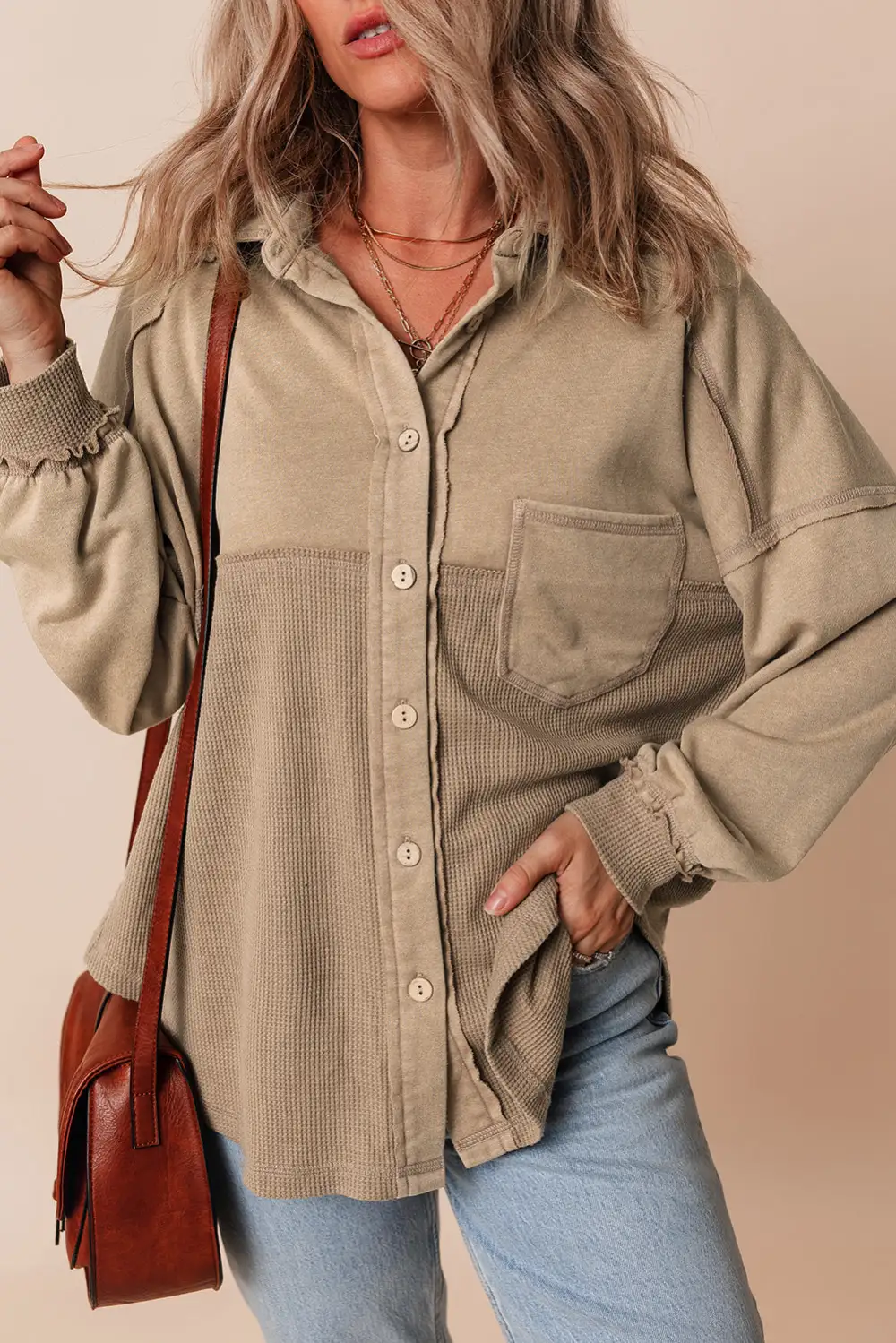 Goat Mineral Wash Textured Patchwork Loose Fit Shirt Jacket