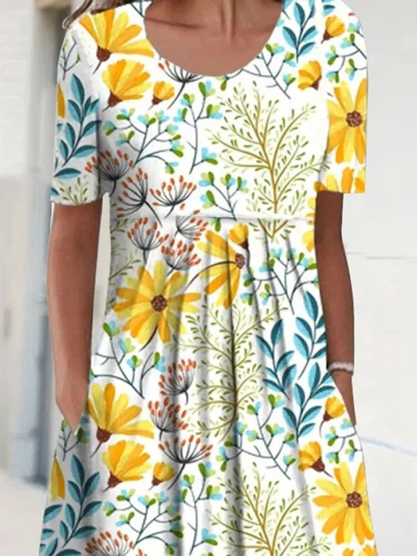 Round Neck Casual Floral Print Summer Short Sleeve Midi Dress