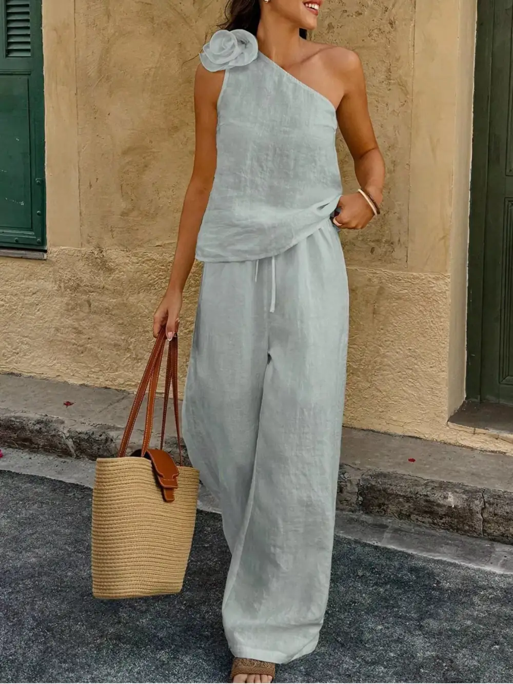 One-shoulder Embellished Top and Pants Set