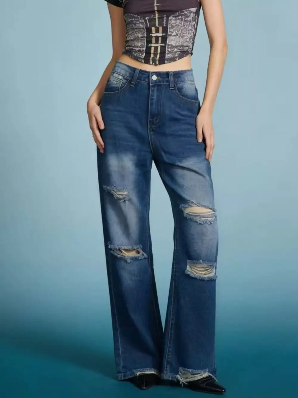 Classic Wide Leg Distressed Denim Jeans