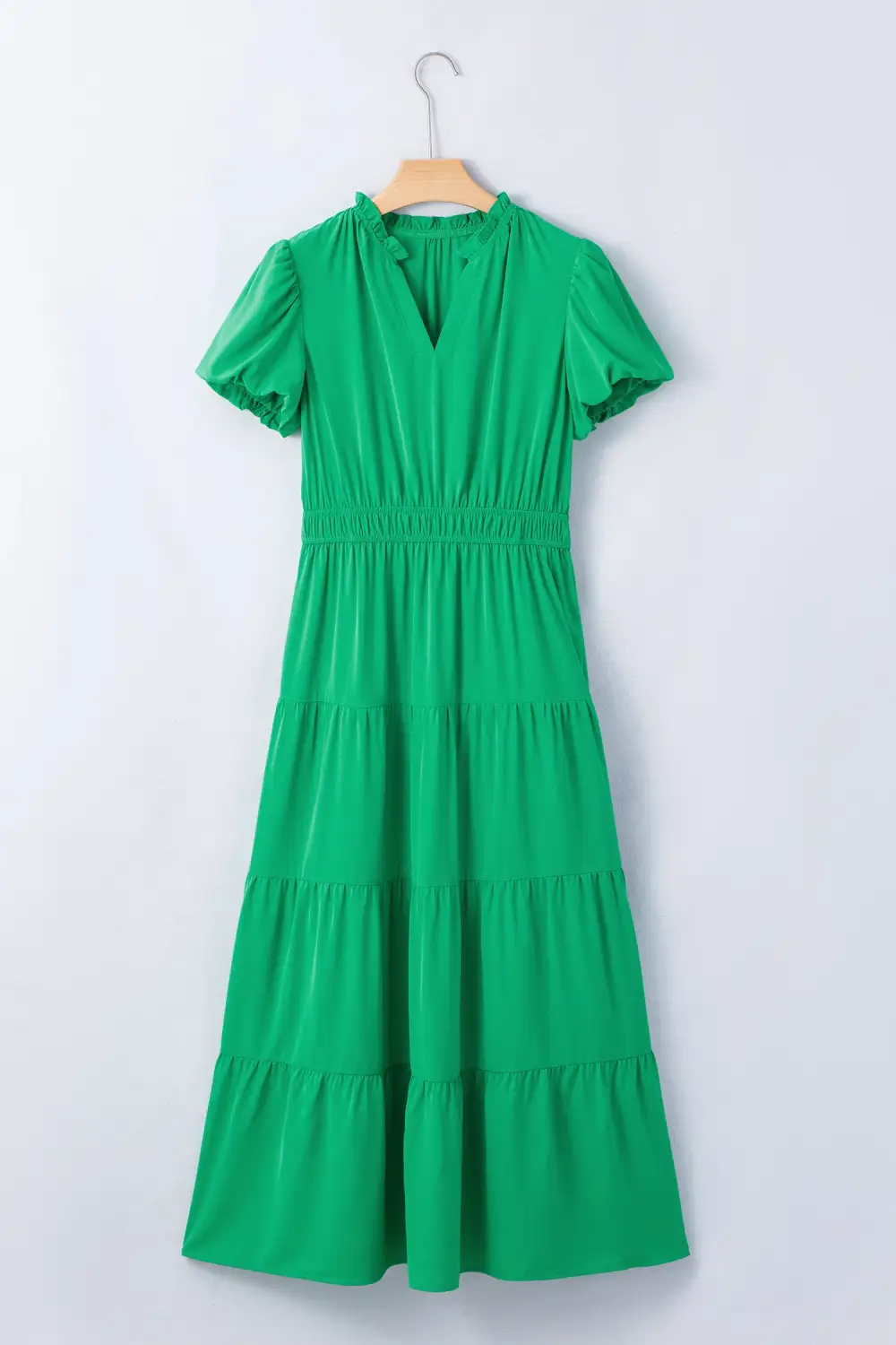 Drape V Neck Tiered Puff Sleeve Maxi Dress