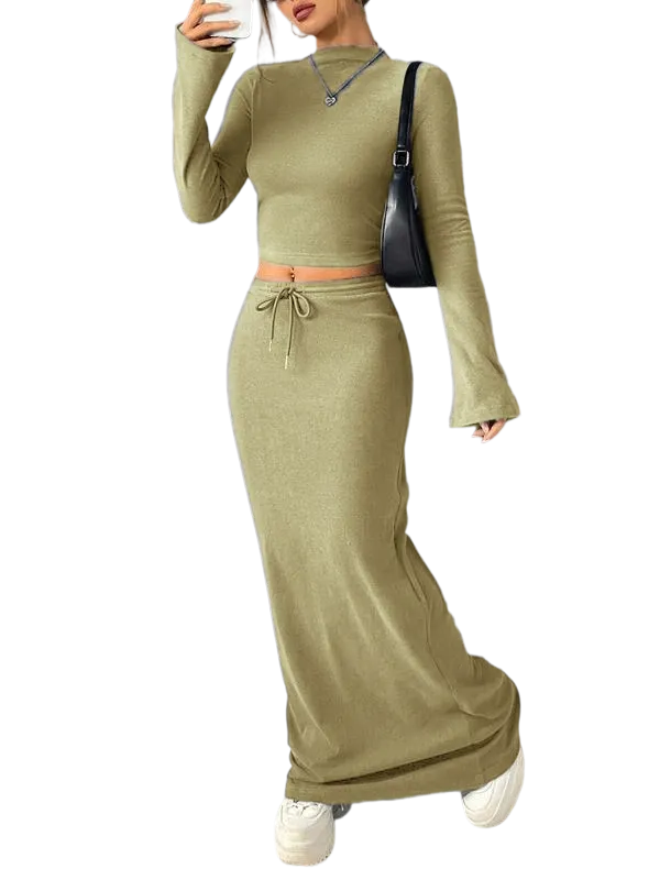 Women's Solid Flounce Sleeve Crop Tee & Skirt Two-piece Set for Daily Outdoor Wear, Women's Clothing for Spring & Fall