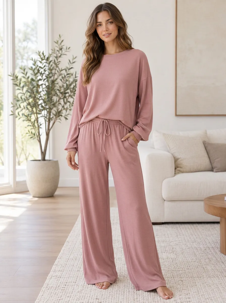 Women's Ribbed Knit Relaxed Leisure Wide Leg Lounge Co-Ord