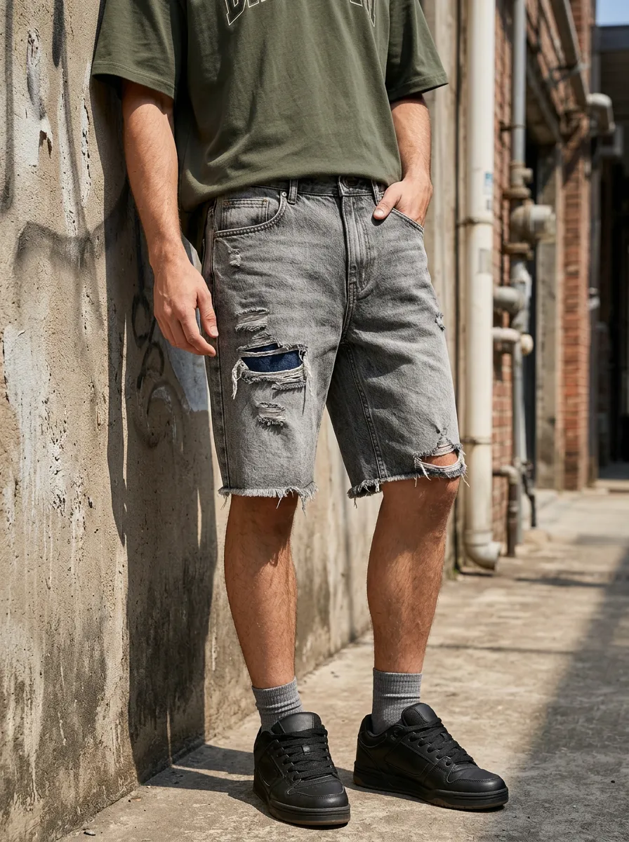 Men's Distressed Grey Raw Hem Ripped Denim Shorts