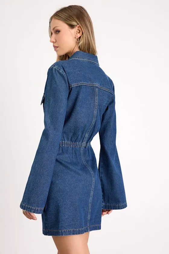 Amita Medium Wash Button-Front Bell Sleeve Mini Dress