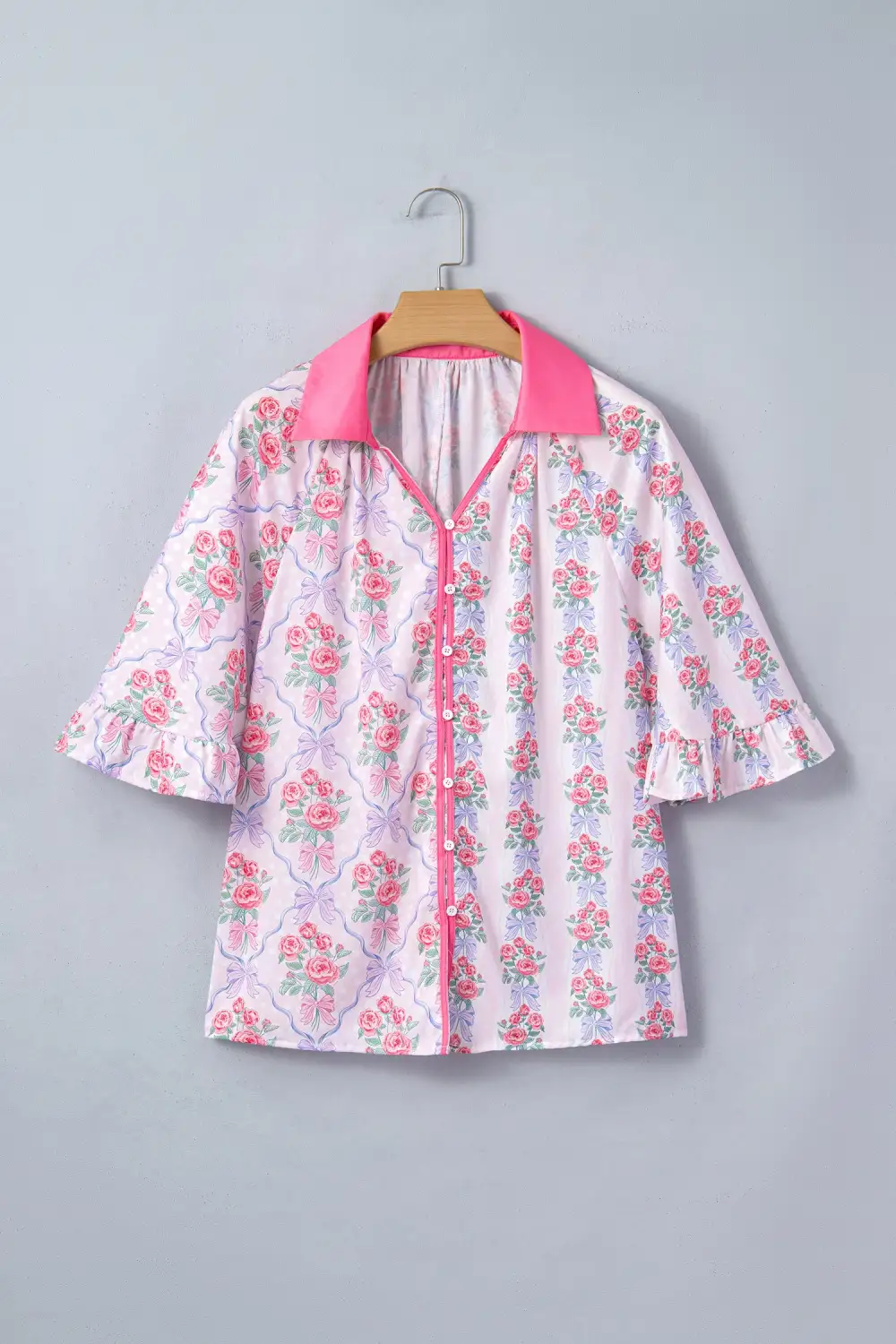 Purple Floral Collared Ruffled Half Sleeve Shirt